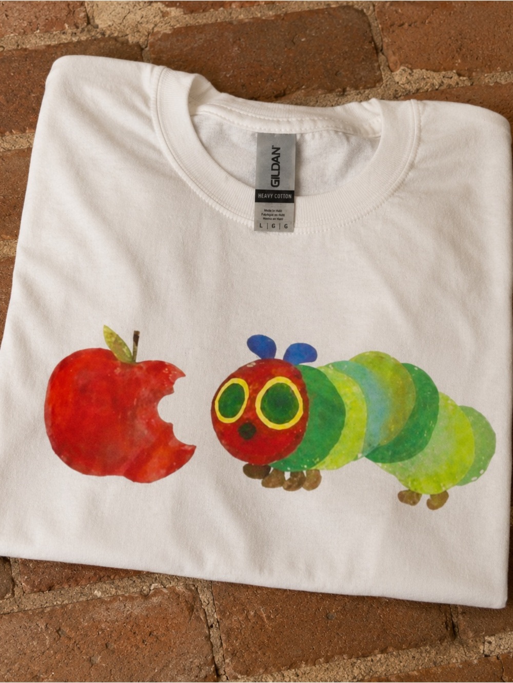 Gildan White Kids Tee with Colorful Caterpillar & Red Apple Graphic - Picture 2 of 4